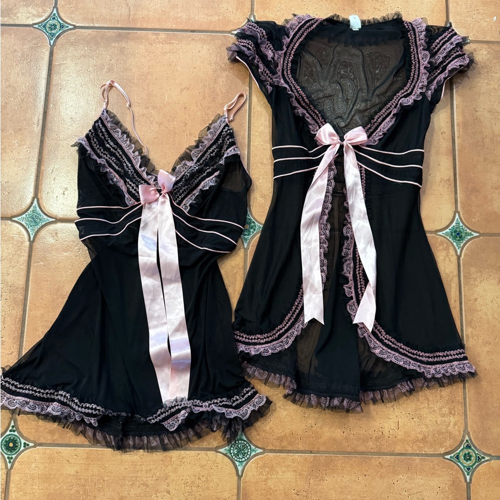 Trashy brand Vintage lingerie Elegant Black & Pink Lace bows Chemise Set Sz L